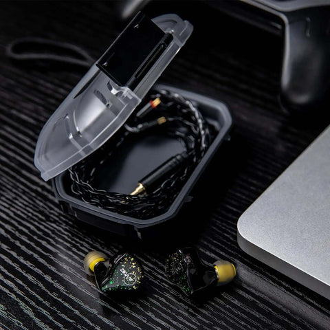 Slick Waterproof Iem Case And Portable Earbud Hard Shell Road Ready Box For In Ear Monitors Plus Cable Organizer With Rugged Protection And No Fuss Storage with opened lid and IEMs.