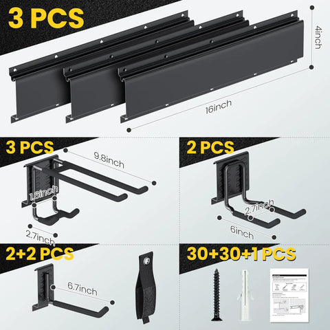 Rock Solid 48 Inch Wall Mount Tool Storage Rack Featuring Adjustable Rails And Beefy Double Layer Hooks For Heavy Duty Garage Organization No Sweat Setup And Broom Holder