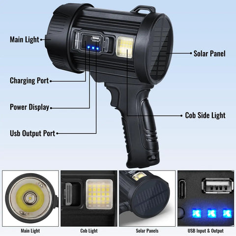 Rechargeable Spotlight 2 Million Lumens Handheld Searchlight with Solar Panels for Boating Camping Hunting and Power Outages