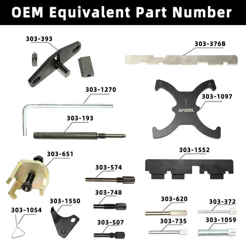 Pro Grade Engine Timing Kit With Camshaft Locking Tools showing labeled components for Ford and Mazda engines.