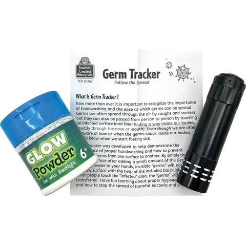 Germ Tracker Classroom Kit with glow powder, blacklight torch, and instruction sheet for interactive science lesson on germs.