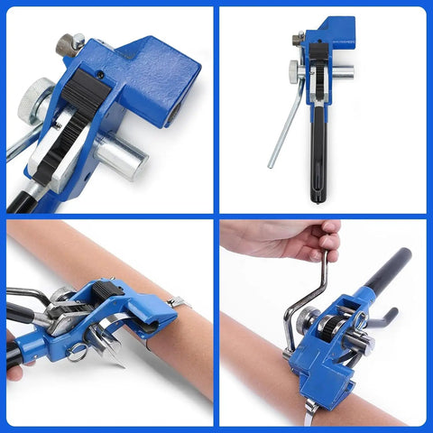 Rock Solid Stainless Steel Strapping Tensioner With Quick Cable Tie Cutter Heavy Duty Banding Tool shown with manual tightening and cutting features.