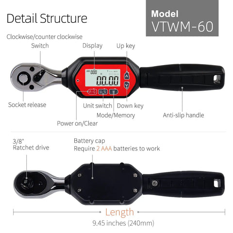 Detail view of Digital Torque Wrench With 5 To 35mm Open End Head, Adapter Kit Included, showing digital readout and controls.