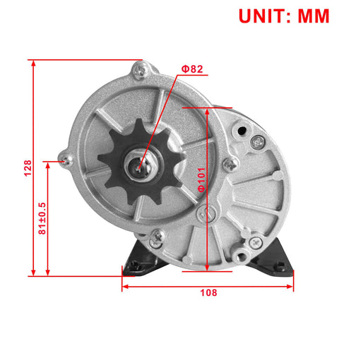 Front view of 12V 250W Gear Reduction Motor With 9 Tooth Sprocket MY1016Z2 Brushed Drive Motor with dimensions marked in mm