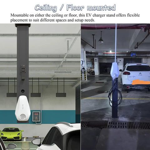 Heavy Duty Outdoor EV Charger Stand With J Hook Pedestal For Floor Or Ceiling Setup Galvanized Steel Column Holder in gray, mounted on ceiling.