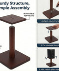 Solid Wood Desktop Speaker Stands With Natural Style And 360 Degree Rotatable Top Plate For Medium To Large Desk Speakers And Studio Monitors In Walnut Brown Finish, showing assembly steps and sturdy base.