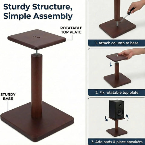 Solid Wood Desktop Speaker Stands With Natural Style And 360 Degree Rotatable Top Plate For Medium To Large Desk Speakers And Studio Monitors In Walnut Brown Finish, showing assembly steps and sturdy base.