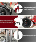 Industrial Grade Tire Changer And Wheel Balancer Combo With Two Horsepower Bead Blaster and hardened alloy steel jaws showing stainless mounting head.