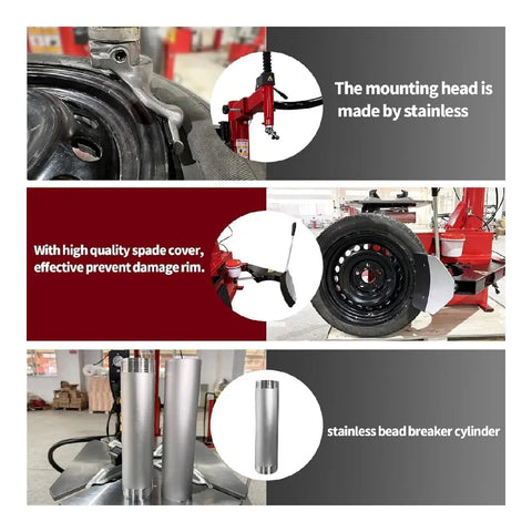 Industrial Grade Tire Changer And Wheel Balancer Combo With Two Horsepower Bead Blaster and hardened alloy steel jaws showing stainless mounting head.