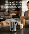 Electric Milk Frother And Steamer With Detachable Stainless Steel Jug for hot and cold foam, in a modern kitchen setting.