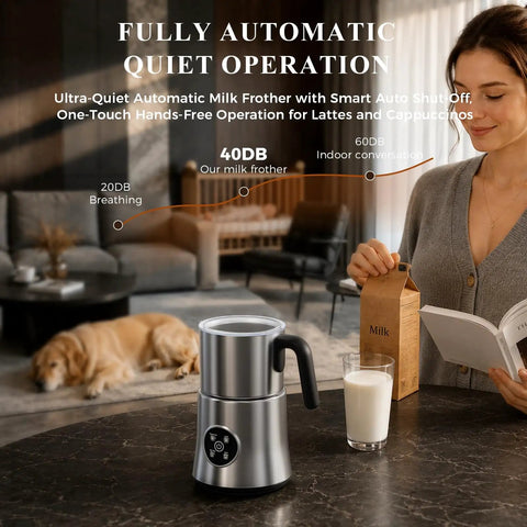 Electric Milk Frother And Steamer With Detachable Stainless Steel Jug for hot and cold foam, in a modern kitchen setting.