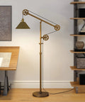 Pulley System Floor Lamp With Ribbed Glass Shade In Blackened Bronze And Clear, Adjustable 70 Inch Tall Lighting For Living Room