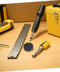 Six Piece Nylon Polishing Wheels 75MM With 10MM Hole For Metal Finishing on a workbench with tools and ruler.