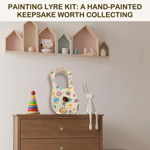 7 String Lyre Harp DIY Kit For Beginners displayed on a shelf, with colorful hand-painted designs on a basswood body.