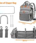 Waterproof Diaper Backpack With Changing Station And USB Charging Port For Moms And Dads Large Capacity Gray Includes Changing Pad Pacifier Case Stroller Straps Baby Shower Gift showing components and dimensions.