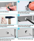 Installation steps for Stainless Steel Wall Mount Coat Rack 2 Pack With 6 Hooks Each, showing measurement and tool use.