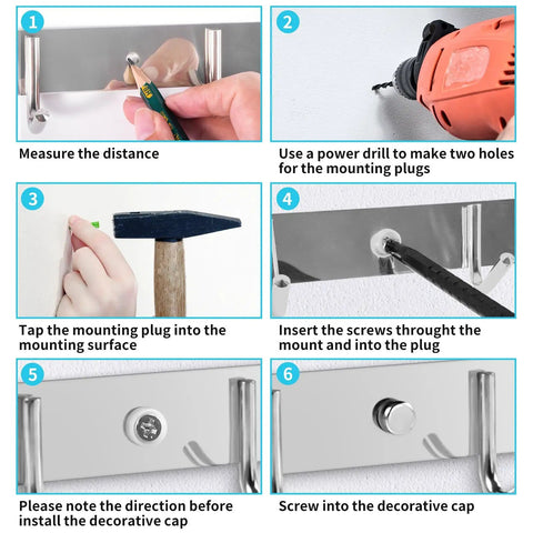 Installation steps for Stainless Steel Wall Mount Coat Rack 2 Pack With 6 Hooks Each, showing measurement and tool use.