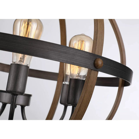 Close-up of Six-Light Orb Chandelier, 23.62-Inch Rustic Farmhouse Lighting In Stardust Finish, Bronze Tone with Edison bulbs.