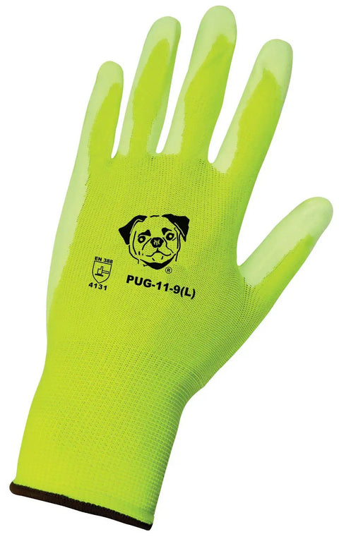 Ultra Thin Polyurethane Nylon Work Gloves Pug11 With High Visibility Neon Yellow And White Coating, back view of large size glove.