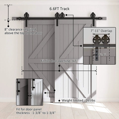 Heavy Duty Sliding Barn Door Hardware Kit Single Track Bypass System For Double Doors Black Powder Coat Six Point Six Foot Long Supports Up To 265 Lbs Fits Door Width Up To Forty Inches And Door Thickness 1 3 8 To 1 3 4 Inches Bypass Wheel Included, installed with measurements