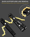 Close-up of black and gold Multi Function Master Link Pliers with Remover Tire Levers Chain Hook and Storage Links for bike repairs.