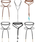 Six Pack Womens Choker Necklaces Black Brown Leather Velvet Lace Up Tie Gothic Western Adjustable Statement Collar Jewelry. Six stylish chokers displayed.