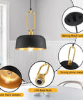 Industrial Pendant Lights 2 Pack Black Farmhouse Ceiling Fixtures Vintage Hanging Lights For Kitchen Island Hallway Dining Room Adjustable Height Durable Metal Dome Shade close-up with gold interior and metal chain