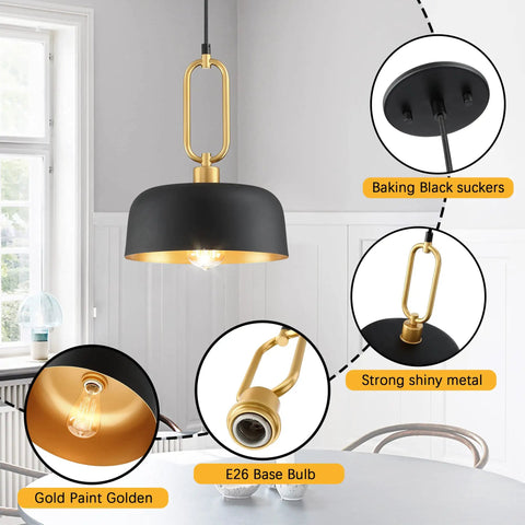 Industrial Pendant Lights 2 Pack Black Farmhouse Ceiling Fixtures Vintage Hanging Lights For Kitchen Island Hallway Dining Room Adjustable Height Durable Metal Dome Shade close-up with gold interior and metal chain