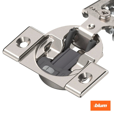 Close-up of a steel compact soft close hinge part of the Four Kit Set for face frame cabinets with half inch overlay, 105 degree opening.