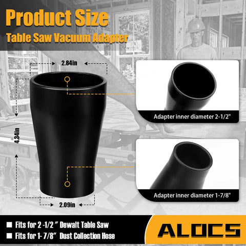 Table Saw Vacuum Adapter That Lets You Hookup The Two And A Half Inch Table Saw Outlet To A One And Seven Eighths Inch Shop Vac Hose For Dewalt DWE7491RS And DXV10P Dust Collectors; adapter size diagram with dimensions.