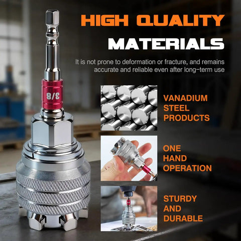 Adjustable Universal Socket Wrench With Three Eighths Inch Drive shown with vanadium steel material and features.