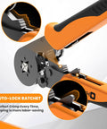 Close-up of Ferrule Crimping Tool Self Adjusting Ratchet For AWG 23 To 7 Wire Square Ferrule Kit with orange handle.