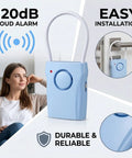 Two Pack Door Handle Alarm With Vibration Sensor, 120dB Siren, Alerts Up To 650 Feet, Easy Install On Any Door, Choose Off, Alarm, Or Doorbell Mode, Deters Intruders And Lets You Monitor Kids Or Patients. Blue door handle alarm with 120dB loud alarm and easy installation.