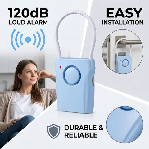 Two Pack Door Handle Alarm With Vibration Sensor, 120dB Siren, Alerts Up To 650 Feet, Easy Install On Any Door, Choose Off, Alarm, Or Doorbell Mode, Deters Intruders And Lets You Monitor Kids Or Patients. Blue door handle alarm with 120dB loud alarm and easy installation.