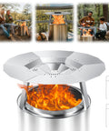 Heat Deflector For 19.5 Inch Bonfire Fire Pit With Handle 304 Stainless Steel Detachable Camping Essential Fits Bonfire 1.0 And 2.0 Smokeless Pits Redirects Heat For Cozy Outdoor Nights shown on a bonfire with flames and people enjoying fire pit.