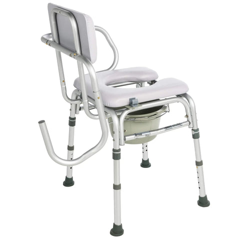 Back angled view of Deluxe Padded Shower Chair With Arms And Commode Opening Waterproof Seat And Backrest 300 lb weight capacity.