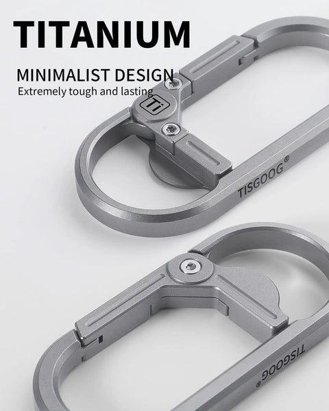 Close-up of rugged titanium carabiner keychain clip with quick release minimalist EDC key hook and bottle opener for men