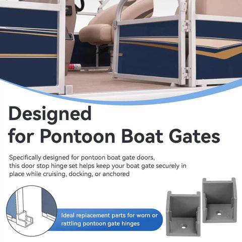 Gate Door Stop Hinge Set For Pontoon Boats Anti Rattle Left and Right shown with pontoon gate doors and hinge parts