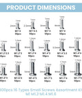 800 Piece Tiny Screw Assortment Kit With 16 Metric Micro Screws, product dimensions and sizes illustrated.