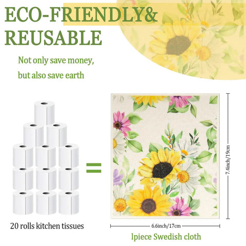 Six Pack Swedish Kitchen Dish Cloths Reusable Paper Towels For Counters And Dishes Eco Friendly Cellulose Sponge Cloth Sunflower product image