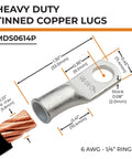 Close-up of 25 Pack Pro Grade Marine Grade Tinned Copper Battery Cable Lugs Six AWG Six Gauge One Quarter Inch Ring Terminals.