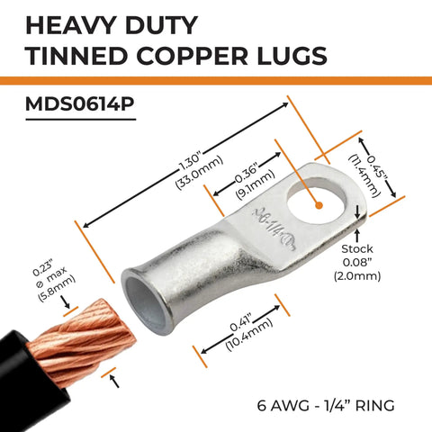 Close-up of 25 Pack Pro Grade Marine Grade Tinned Copper Battery Cable Lugs Six AWG Six Gauge One Quarter Inch Ring Terminals.
