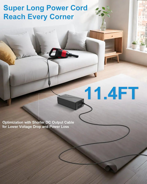 Heavy Duty Rock Solid AC To DC Converter 110V To 12V 30Amp 360Watt with 11.4 foot power cord connected to a black vacuum.