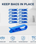 Lock Tight Plastic Garbage Bin Clips With Textured Anti Slip Grip Kick The Slipping Habit And Keep Kitchens Fresh Secure Trash Bag Holders 10 Pack displayed with bright blue clips.