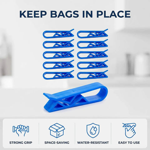 Lock Tight Plastic Garbage Bin Clips With Textured Anti Slip Grip Kick The Slipping Habit And Keep Kitchens Fresh Secure Trash Bag Holders 10 Pack displayed with bright blue clips.