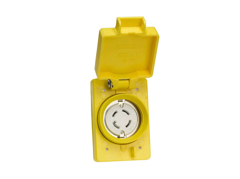 Watertite Wet Location 3-Phase Locking Blade Receptacle NEMA L15-30, 30A 250V, yellow, with single flip lid open.