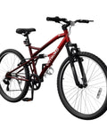 26 Inch Mountain Bike With Dual Suspension For Men Women And Adults, 7 Speed MTB, red high carbon steel frame, side view