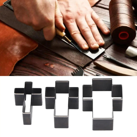 Cross Shape Leather Cutting Die Kit For DIY Leather Crafts Manual Punch Tool Set in alloy steel shown with leatherworking tools