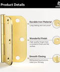 Built Tough Satin Brass Door Hinges 12 Pack 3 1/2 Inch Solid Iron with rounded corners and pre-drilled holes for smooth movement.