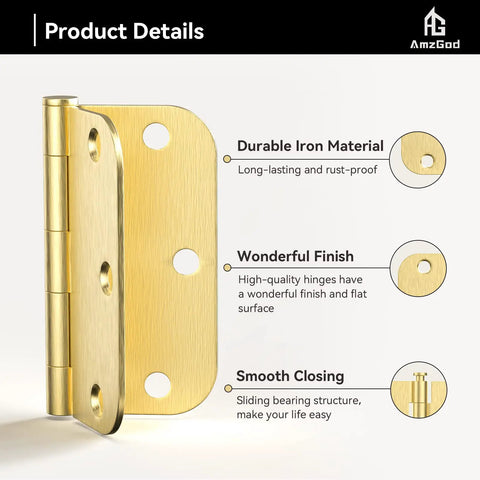 Built Tough Satin Brass Door Hinges 12 Pack 3 1/2 Inch Solid Iron with rounded corners and pre-drilled holes for smooth movement.